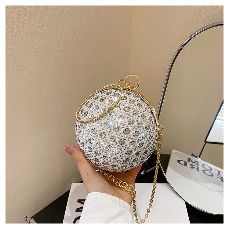 Sparkly Round Evening Purses for Women Shiny Diamonds Handbag Unusual Party Mini Small Bags Fashion Luxury Shoulder Bag Woman