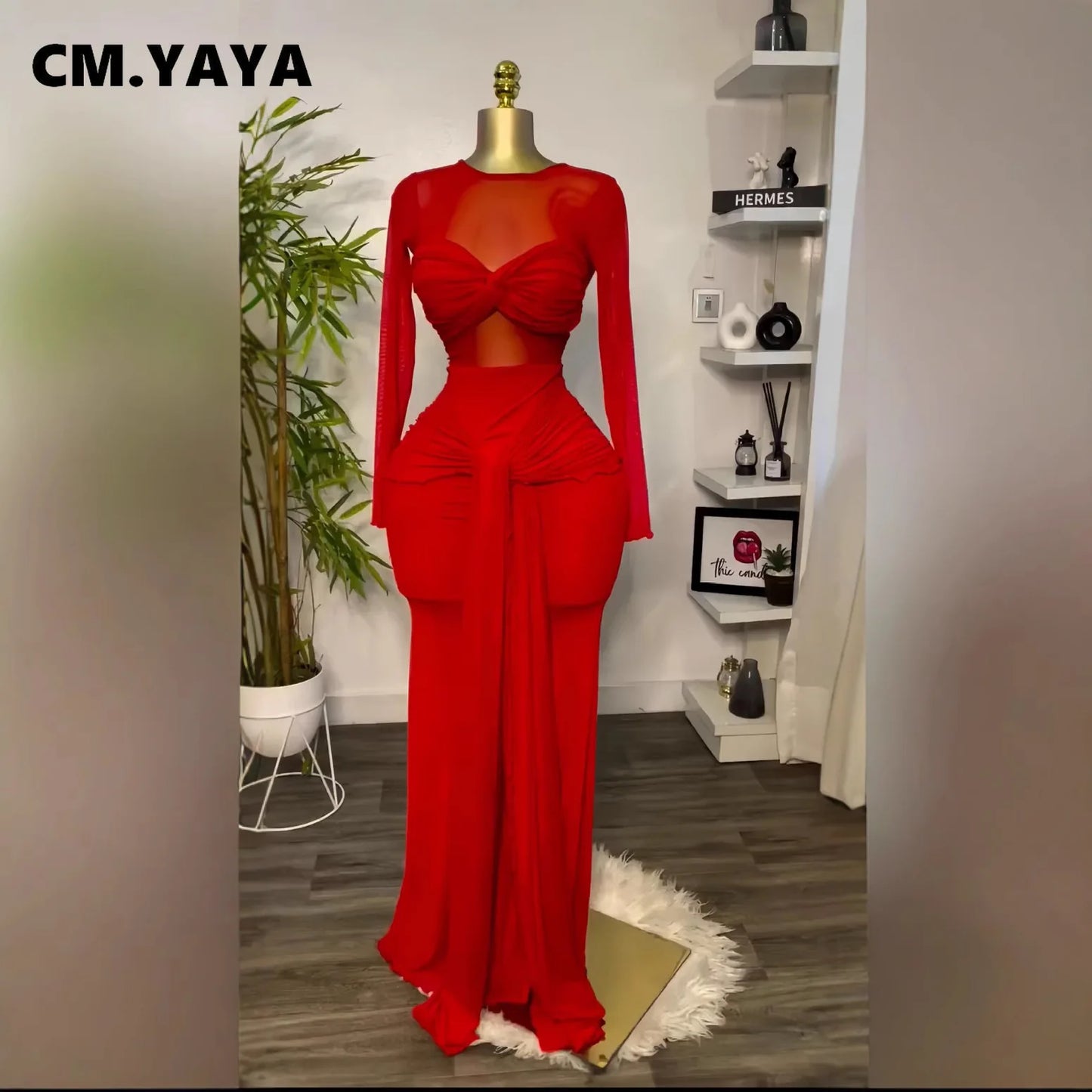 CM.YAYA Women Mesh See Though Long Sleeve Maxi Bowknot Long Dress 2025 Evening Sexy Club Party Evening High Street Dresses