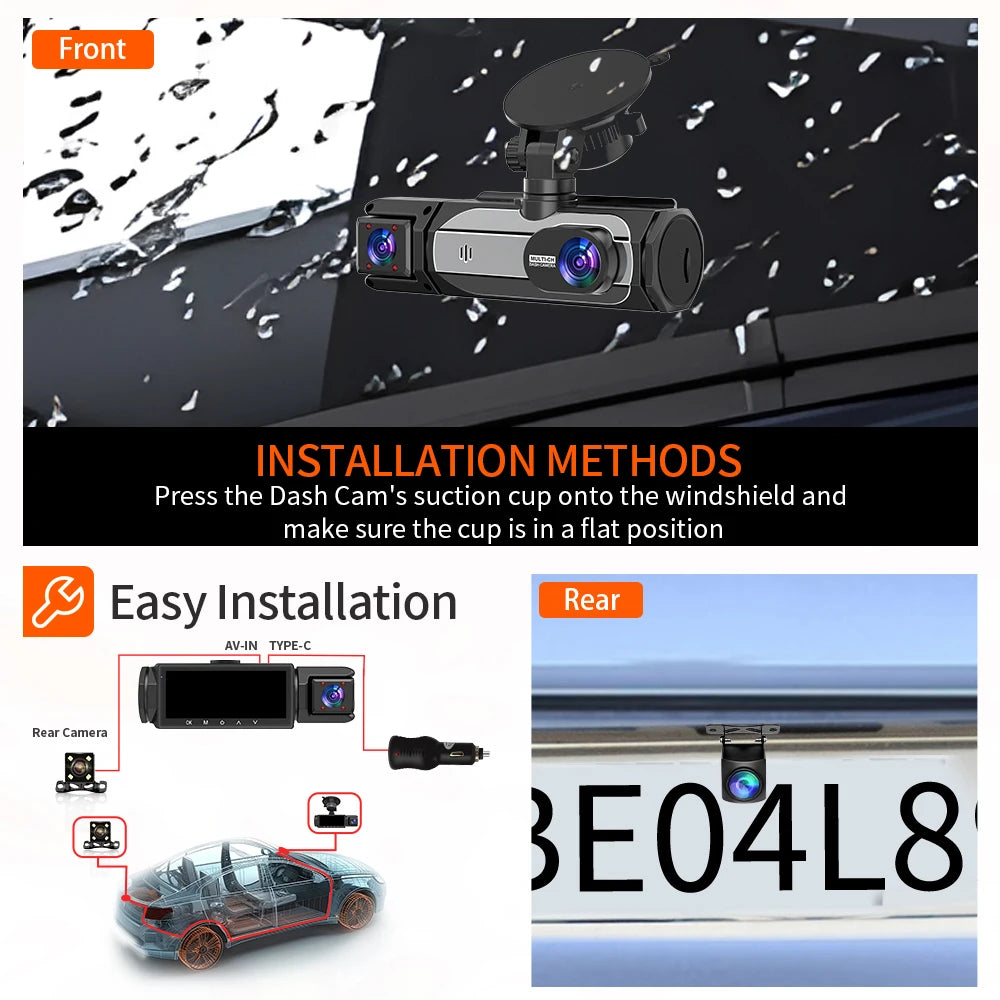 3 caméras Dash Cam 1080P caméra de recul avant et arrière Vision nocturne moniteur de stationnement voiture DVR 3 voies enregistreur vidéo de voiture avec cadeau