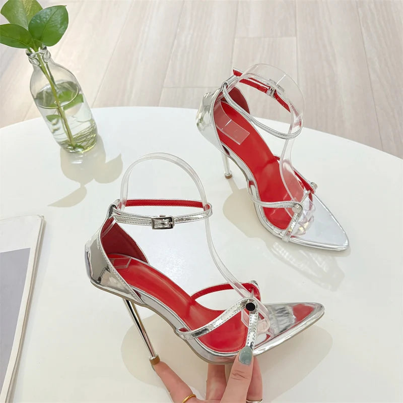 Liyke Fashion Design Metal Decoration Narrow Band Women Sandal High Heels Sexy Pointed Open Toe Wedding Banquet Shoes Size 35-41