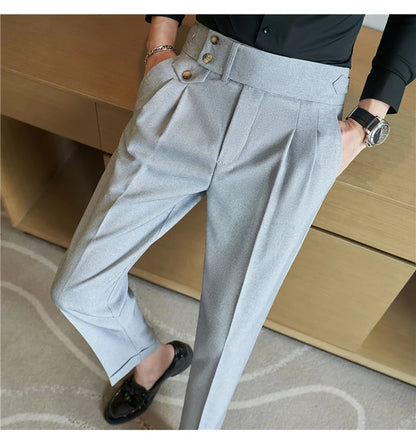 British Style Pants Men High Waist Belt Design Casual Slim Formal Office Dress Pant Men Social Wedding Party Dress Suit Trousers