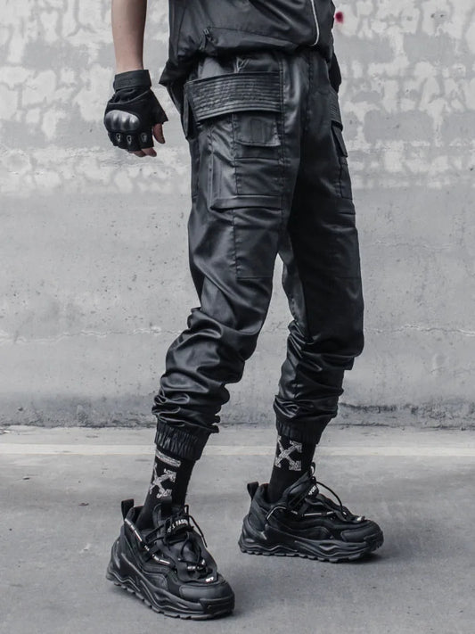 2023 Waxy Coating Punk Hip Hop Cargo Pants Mens Multi-pockets Motorcycle Techwear Functional Joggers Street Casual Trousers