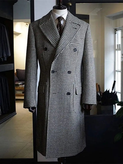 Houndstooth Men‘s Long Overcoat Casual Woolen Coat Peak Lapel Blazer Plaid Wedding Tuxedos One Piece Costume Homme Mariage