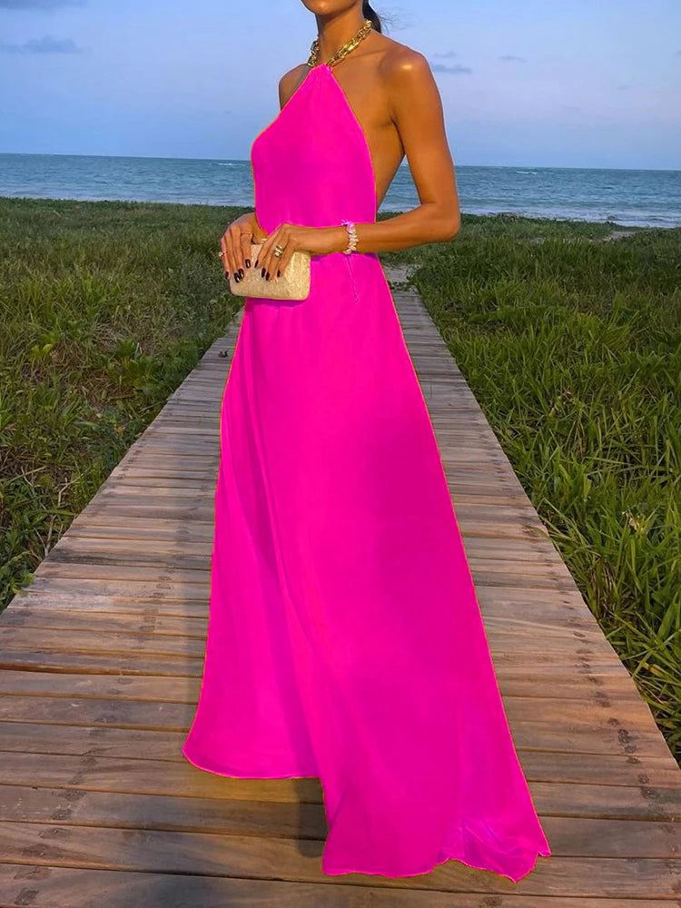 2025 Halter Beach Style Women Summer Maxi Dress Solid Chain Loungewear Backless Fashion Ladies Party Dress Sleeveless Streetwear