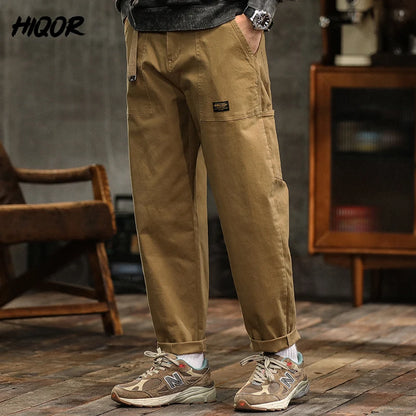 HIQOR Mens Clothing Spring Autumn Cargo Pants Man Cotton Casual Loose Trouser Belt Mid Waist Joggers Male Straight Baggy Pants