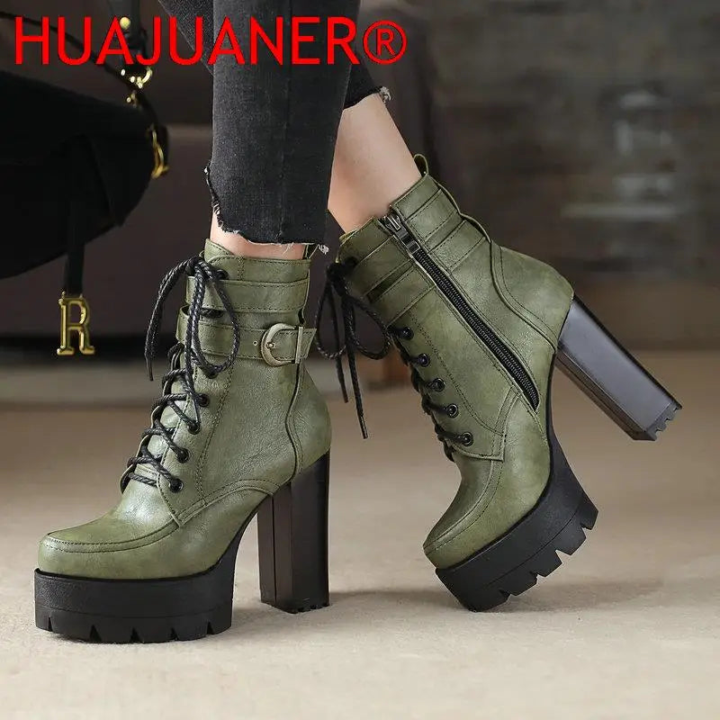 Fashion Platform Women Boots Square High Heel Ankle Boots Lace Up Zipper Motorcycle boots Autumn Winter Plush Ladies Shoes