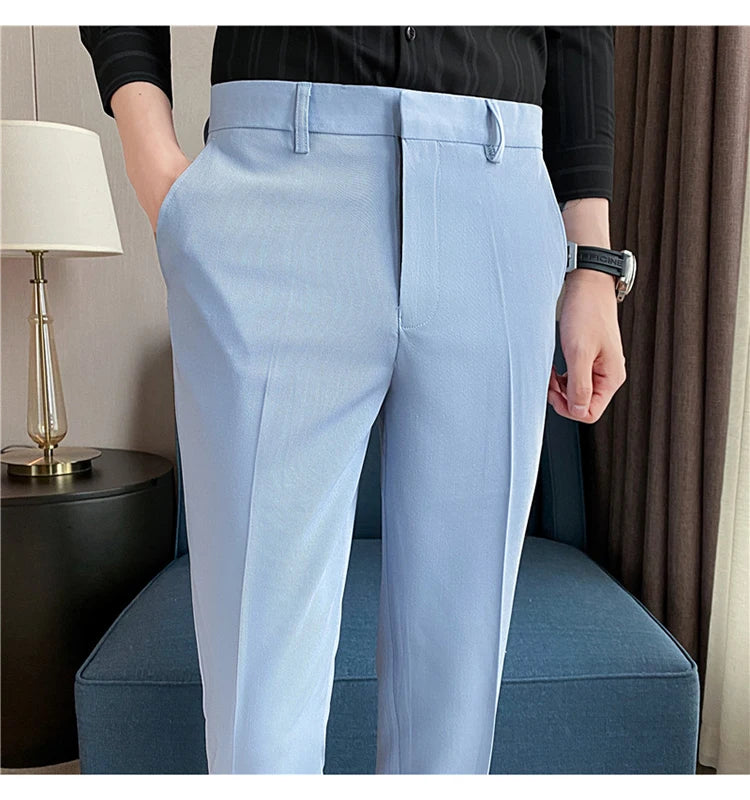 9 Color Summer Fashion Mens Suit Pants Pure Color Business Formal Pants Slim Fit Office Mens Wedding Social Ankle Long Trousers