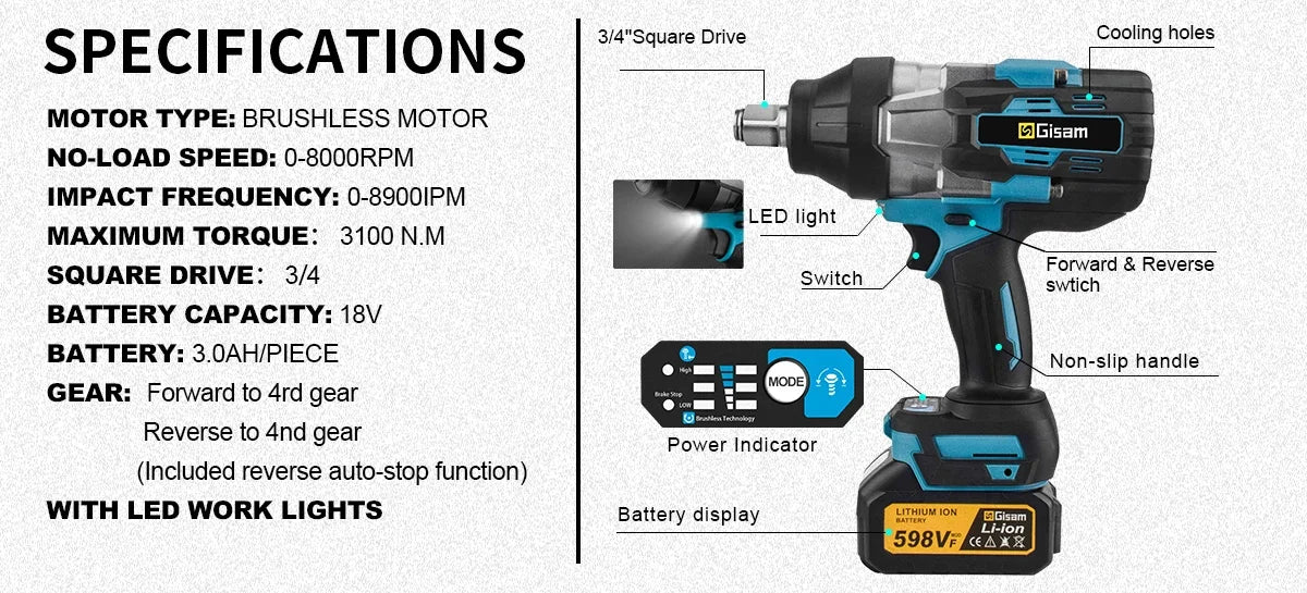 Gisam 3100NM Brushless Electric Wrench 3/4" Socket Cordless Wrench Screwdriver Car Repair Power Tool for Makita 18V Battery