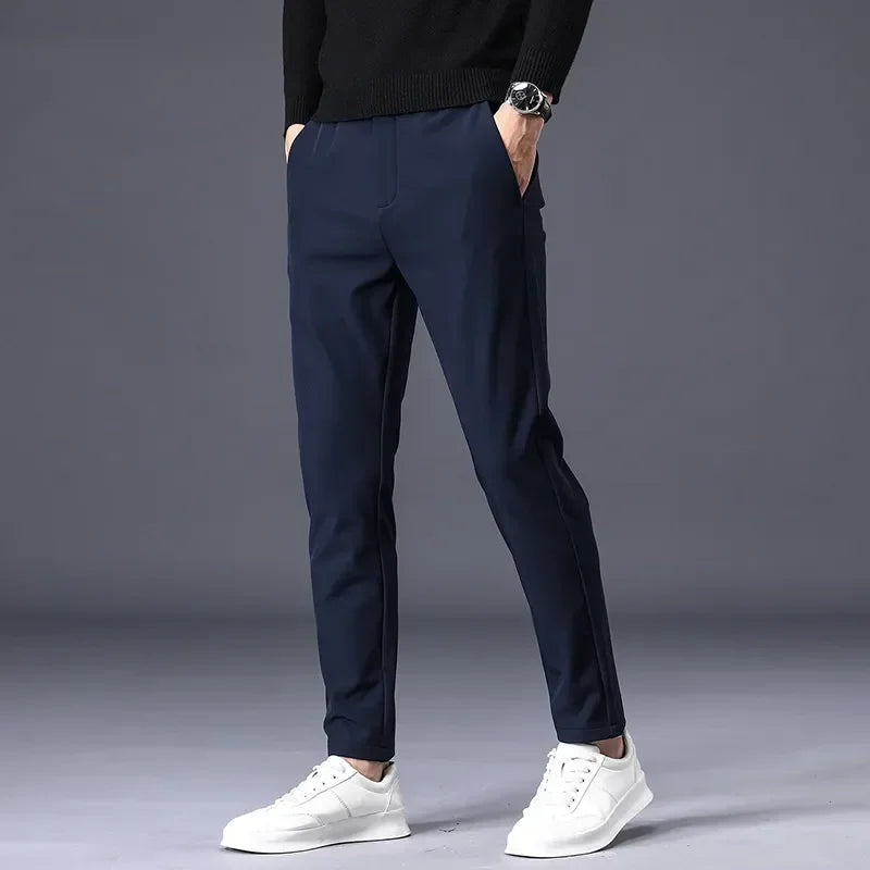 Spring Summer Thin Men's Business Casual Pants High Elastic Jogger Slim Straight Korean Brand Trousers Clothes Black Gray Blue