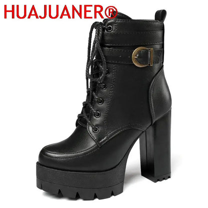 Fashion Platform Women Boots Square High Heel Ankle Boots Lace Up Zipper Motorcycle boots Autumn Winter Plush Ladies Shoes