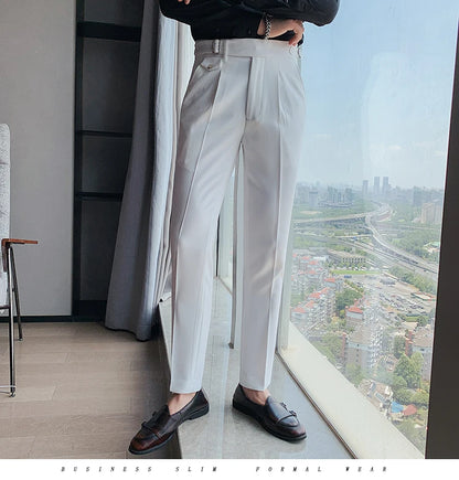 British Style New Solid High Waist Suit Pant Men Business Formal Wear Trousers 2024 High Quality Slim Casual Office Suit Pants