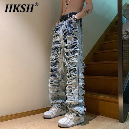 HKSH American High Street Erosion Damaged Vintage Jeans Men's Punk Trendy Straight Micro Flare Denim Pants Fashion Chic HK1205