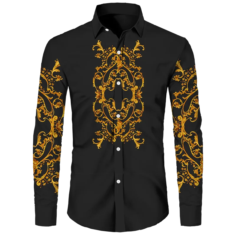 Golden Flower Pattern Print Men's Shirts Casual Single-Breasted Cardigan Long Sleeve Shirt Fashion Trend Tops Men Clothing