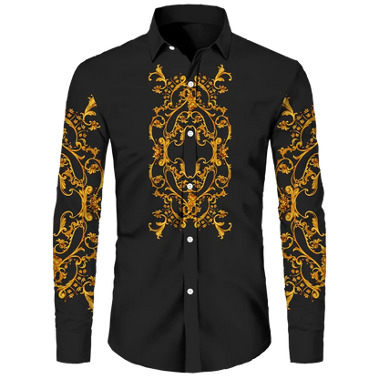 Golden Flower Pattern Print Men's Shirts Casual Single-Breasted Cardigan Long Sleeve Shirt Fashion Trend Tops Men Clothing