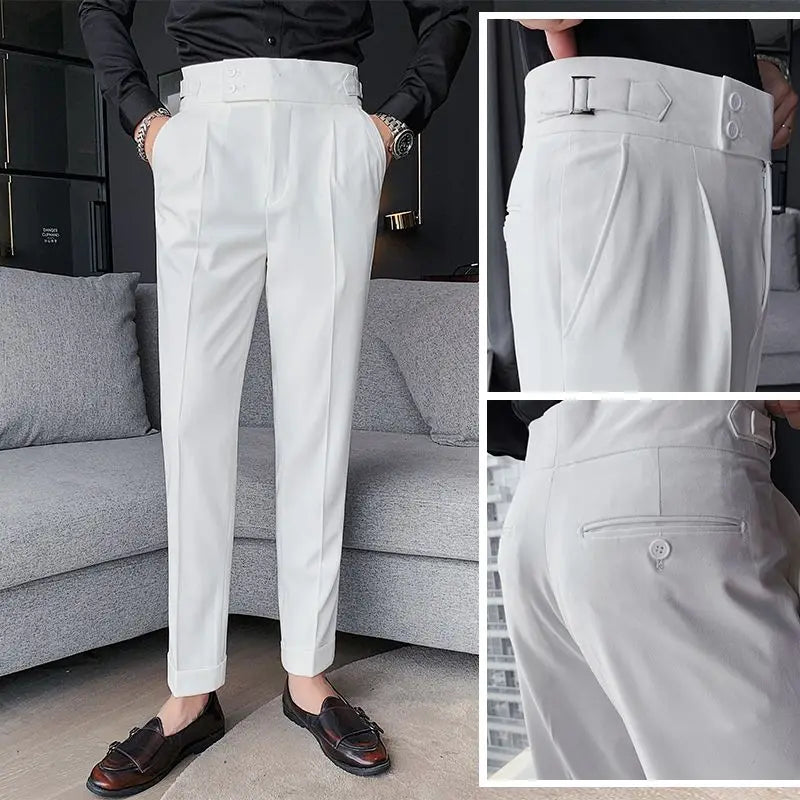 Casual Men's Spring and Summer 2024 New Business Formal Solid Color High Waisted Button Zipper Ruched Pocket Straight Suit Pants