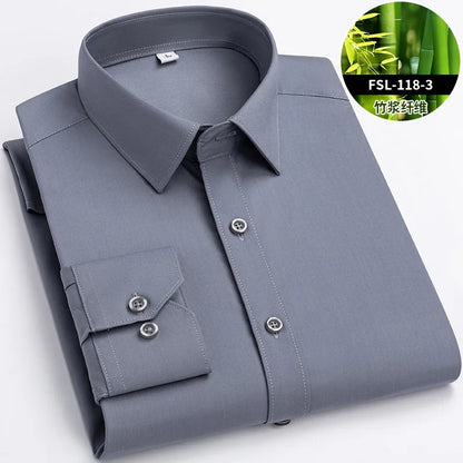 Quality Stretch Men Shirt Bamboo Fiber Long Sleeve Anti-wrinkle Non-ironing Slim Fashion Casual Business Office White Shirt