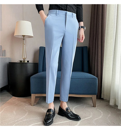 9 Color Summer Fashion Mens Suit Pants Pure Color Business Formal Pants Slim Fit Office Mens Wedding Social Ankle Long Trousers