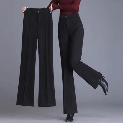 2024 Autumn Winter Women's Woolen Pants New Fashion High Waist Elastic Micro Flare Pants Slim Female Casual Wool Trousers 4XL