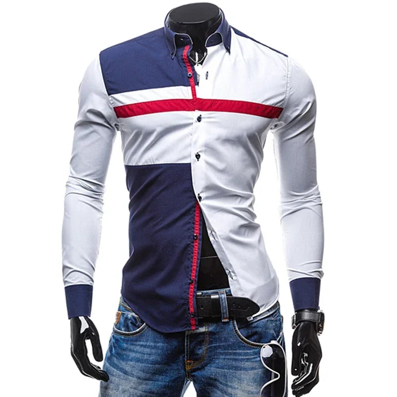 Men Long Sleeve Shirt 2024 Spring Striped Shirts Slim Fit Male Casual Social Patchwork Shirt Turn-down Collar Camisa Masculina