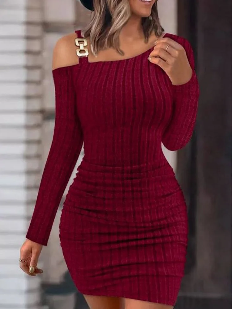 Women's Sexy Slant Neck Dresses Metal Sheet Long Sleeved Off Shoulder Dress Fashion Autumn Dress