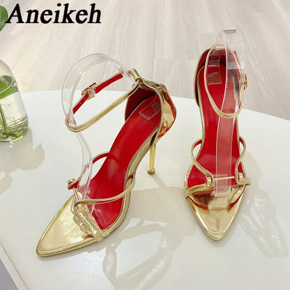 Aneikeh 2025 New Gold Silver Ankle Strap Sandals Heels Women Wedding Banquet Sexy Metal Pointed Toe Stripper Shoes Sandalias