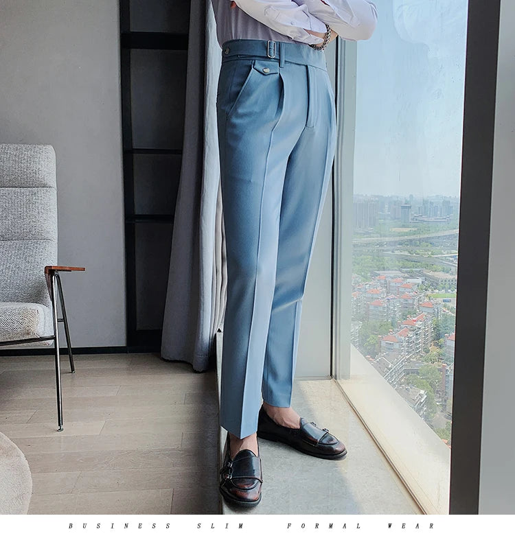 British Style New Solid High Waist Suit Pant Men Business Formal Wear Trousers 2024 High Quality Slim Casual Office Suit Pants