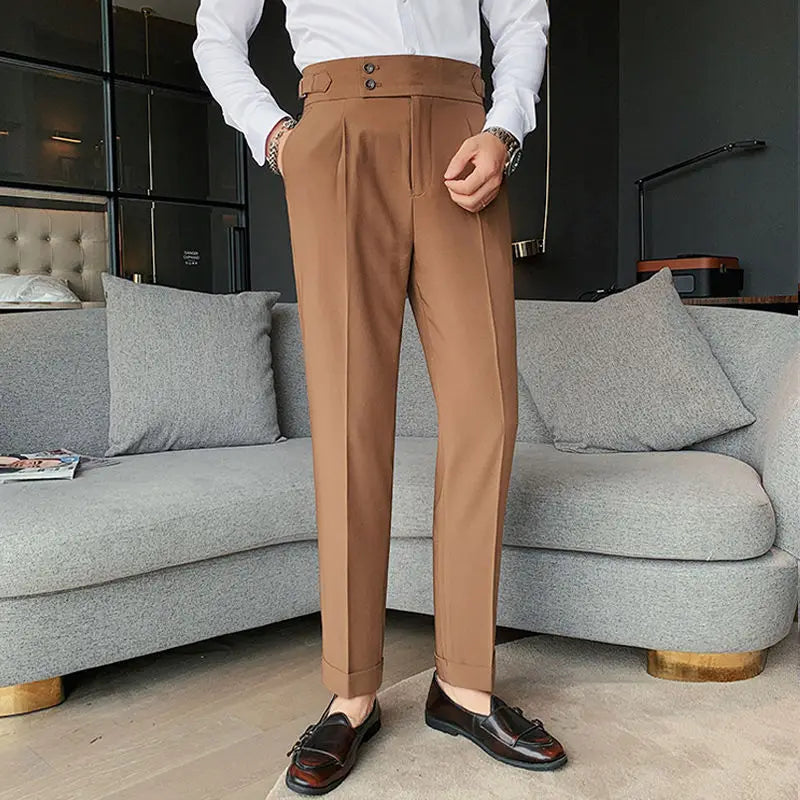 Casual Men's Spring and Summer 2024 New Business Formal Solid Color High Waisted Button Zipper Ruched Pocket Straight Suit Pants