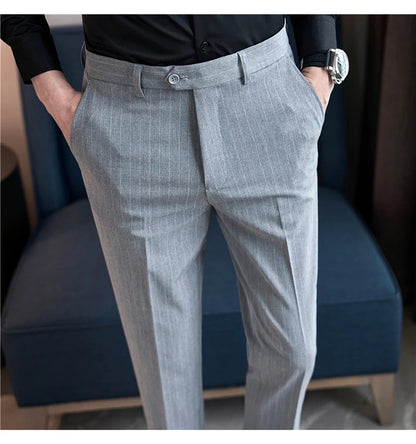 Autumn Winter Thickened Striped Suit Pant Men Business Slim Fit Long Pants Formal Office Social Party Casual Pants Streetwear