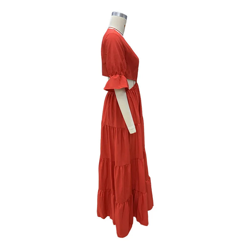 BAMBOOBOY Flare Sleeve Women Summer Dresses Deep V Neck Maxi Sundresses Solid Color Casual Hole Waist High Waist A-Line Dress