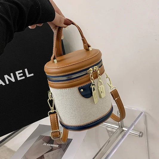 Retro Bucket Bag Light Commute Storage Crossbody Bags Contrast Color Women Handbag Cylindrical Purses Girls Canvas Shoulder Bags