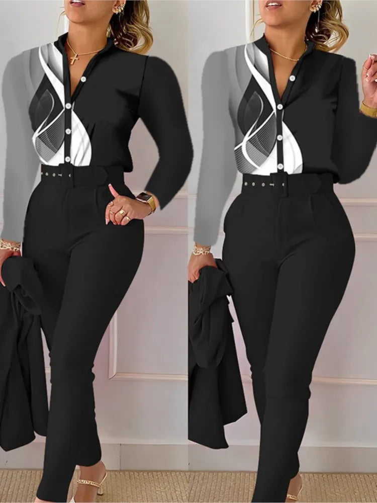 Elegant Women Two Piece Set Suits Fall New Fashion Print Long Sleeve Top Solid Color Pants Set With Belt  Blouses Female Clothes