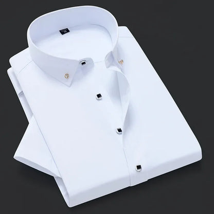 Quality Diamond Men Short Sleeve Shirt Button White Formal Solid Plaids Dress Shirts Turn Down Slim Fit Casual Camisa Masculina