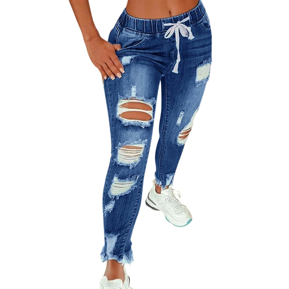 Plus Size High Waist Ripped Denim Trousers Women Clothing 2025 Fashion Korean Casual Slim Large Size Jeans Oversized Pants Leggi