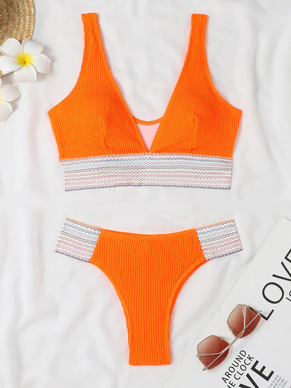 2024 Sporty Deep V Bikini Ribbed Swimsuit Solid Women Sexy Swimwear Female Bathers Bathing Swimming Swim Suit Beachwear