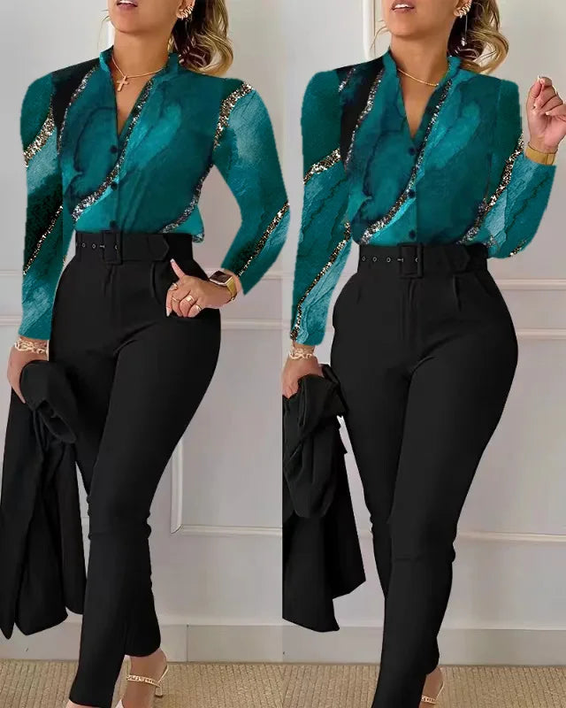 Elegant Women Two Piece Set Suits Fall New Fashion Print Long Sleeve Top Solid Color Pants Set With Belt  Blouses Female Clothes