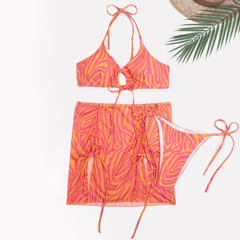 Women Sexy Hollow Out Swimsuit with Beach Skirt Three Pieces Stripe Print Split Bathing Suit Lady String Halter Neck Bikinis Set