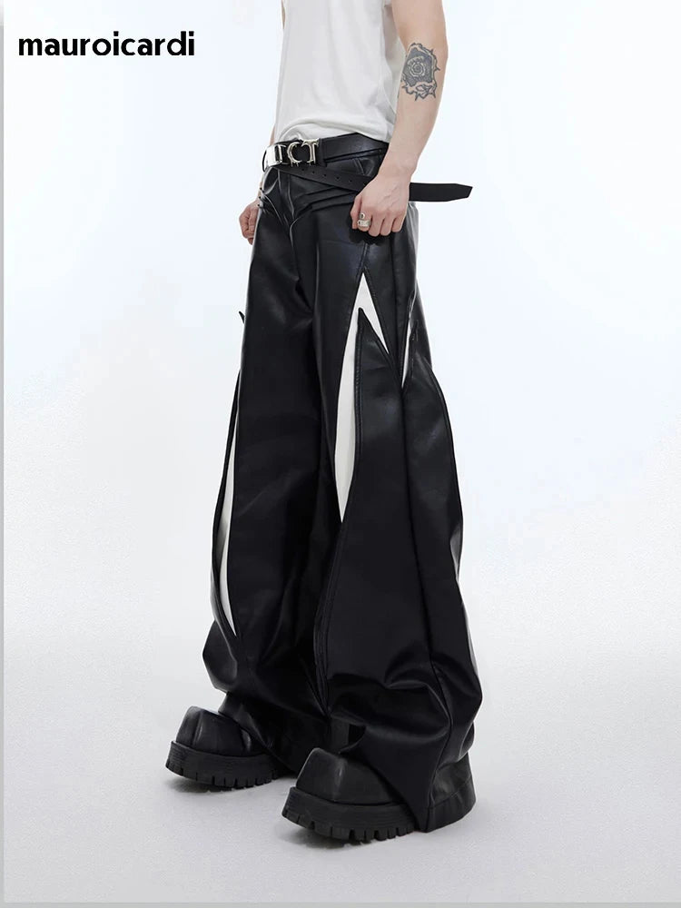 Mauroicardi Spring Autumn Cool Long Loose Casual White and Black Patchwork Pu Leather Pants Men Wide Leg Trousers Fashions 2024