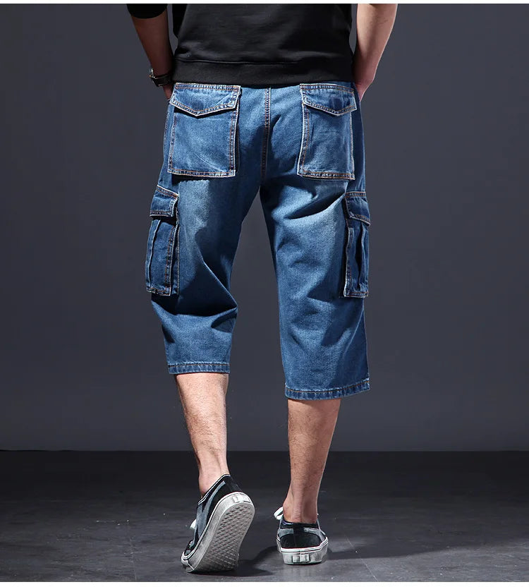 Men's Summer Loose Fit Cargo Short Jeans With Big Pockets Baggy Casual Work Denim Shorts Washed Blue Big Size