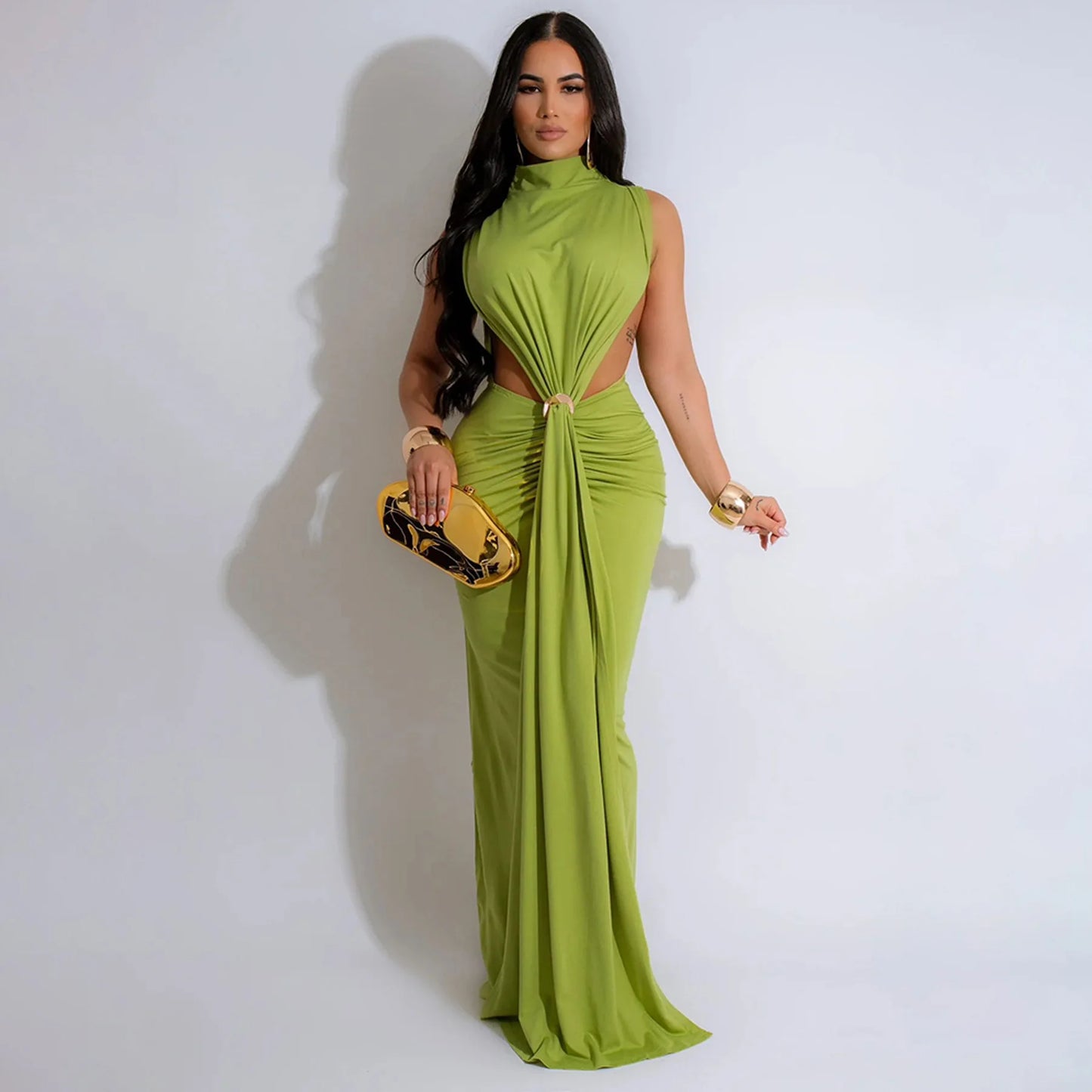 New Women O-neck High Split Ruched Stacked Bodycon Midi Maxi Dress Evening Party Club Vestidos Sexy Chic Long Dresses