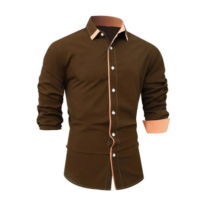 Men Shirt Turn-down Collar Long Sleeve Shirt Single-breasted Slim Fit Soft Breathable Formal Business Style Office Top