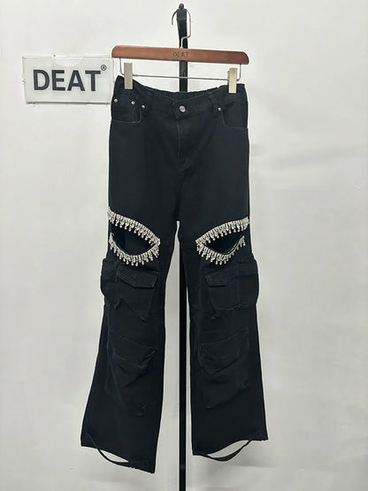 DEAT Fashion Women's Hollowed Out Diamond Denim Cargo Pants High Waist Multiple Pockets Elastic Jeans Female 2024 Autumn New