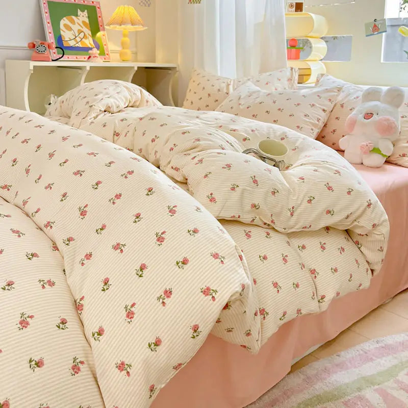 Fresh Botanical Floral Bedding Set Washed Cotton Bed Linens Single Twin Full Size Quilt Cover Sheet Set for Girls Home Textiles