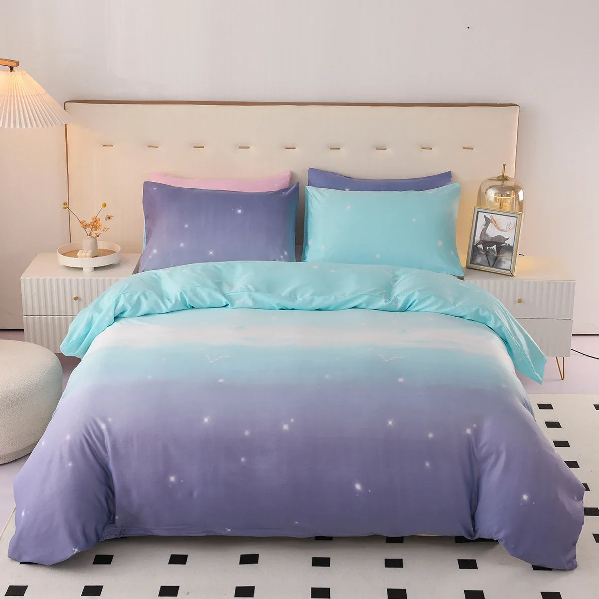 Galaxy Star Duvet Cover Set Single King Size 3PCS Blue and Purple Bedding Set Gradient Color Comforter Cover with Zipper Closure