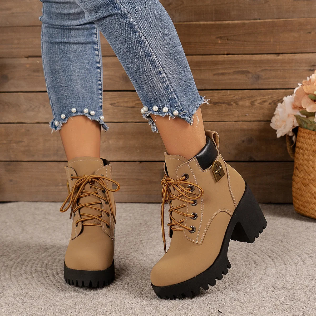 Women Retro Round Toe Chunky Heels Ankle Boots Autumn New High Heels Shoes Woman Lace Up Platform Short Booties Big Size 42