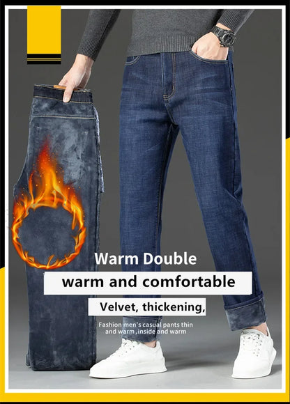 Brand Men's Wool Jeans 2023 Winter New Classic Business Casual Style Warm and Comfortable Plus Velvet Thickened Straight Jeans