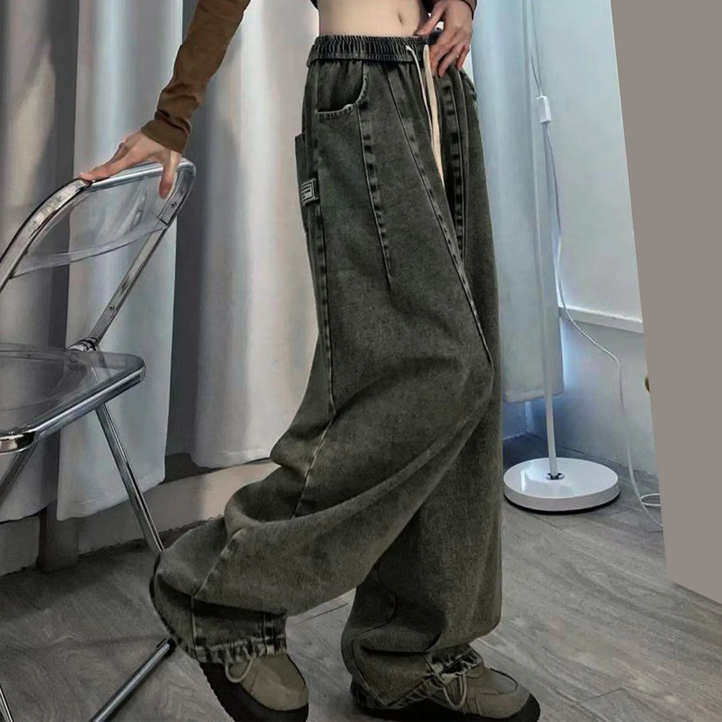 1Pc Trendy Oversize Jeans Zipper Fly/Drawstring Dressing Up Brushed Pants Thin Baggy Jeans Retro Wide Leg Man Pants Men Clothing