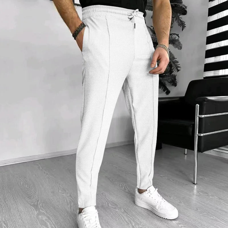 Men's Pants, Street Ruffled Solid Color Casual Waffle Pants, Four Seasons Travel New Breathable Loose Fitness Jogging Pants 2024