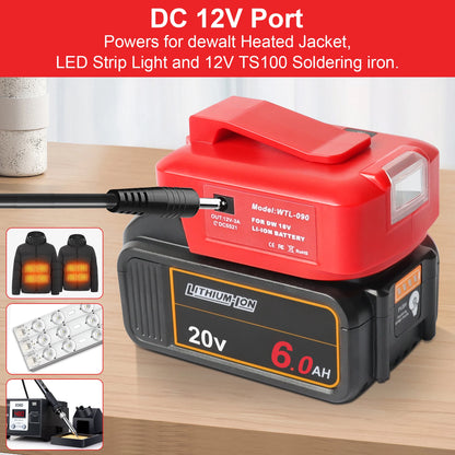 Adaptor For Dewalt DCB 18V 20V  54V 60V battery to DC 12V3A  flashlight fast Charger PD 22.5W  QC3.0  USB C and USBA