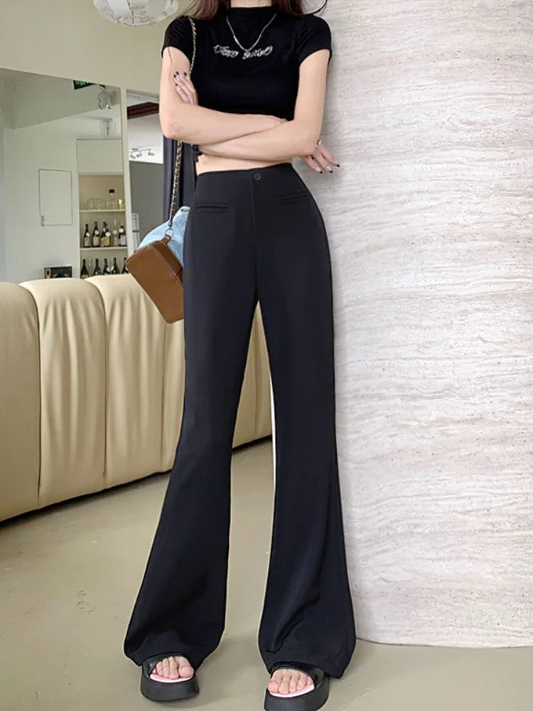 Black Elegant Casual Flare Pants Women Button Korean Style Fashion Long Pants Female High Waist Vintage Designer Pants 2023 New