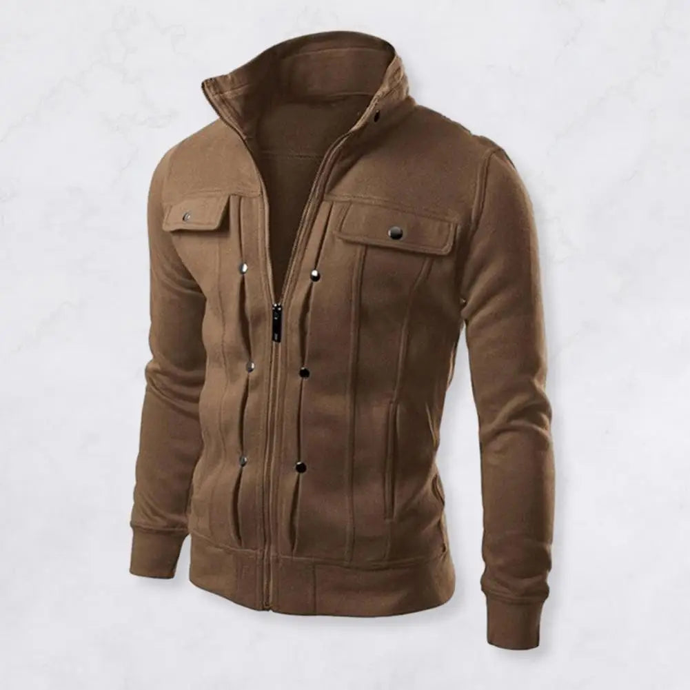 Fashionable Men Outerwear Men's Solid Color Stand Collar Jacket with Buttons Zipper Closure for Spring Autumn Long for Men